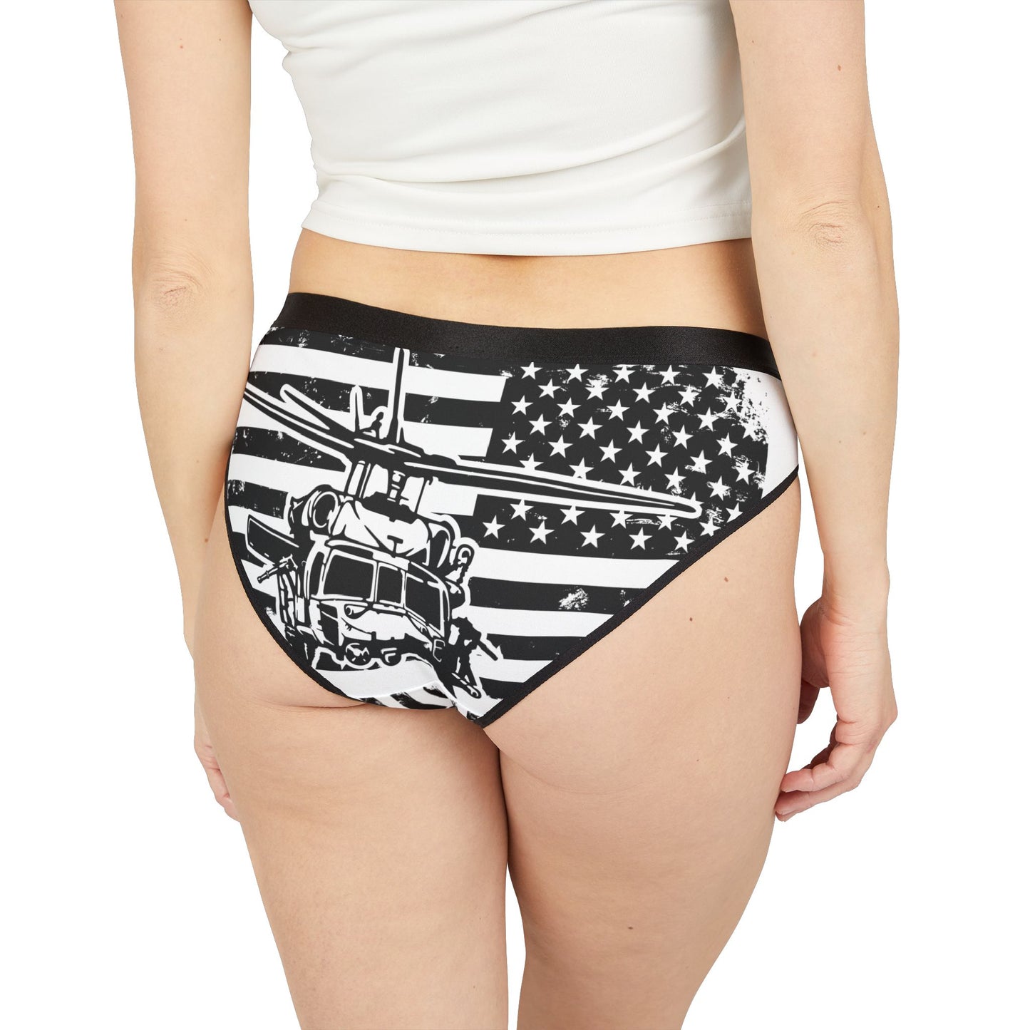Women's Bikini Briefs — Black & White USA Flag with Helicopter Graphic
