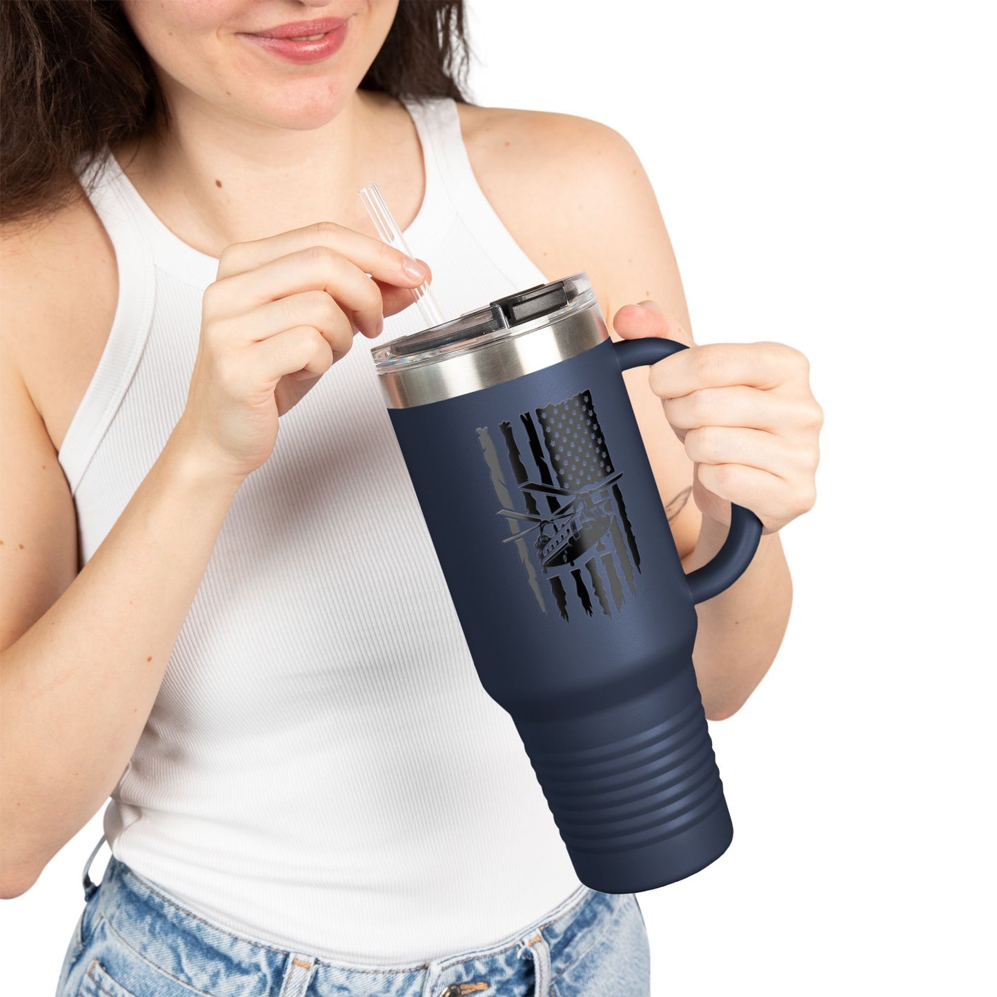 40oz Insulated Travel Mug — American Flag with Chinook Helicopter Graphic