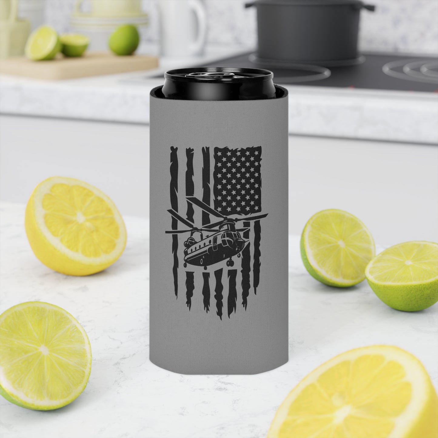 Can Cooler — Chinook Military Helicopter American Flag Design