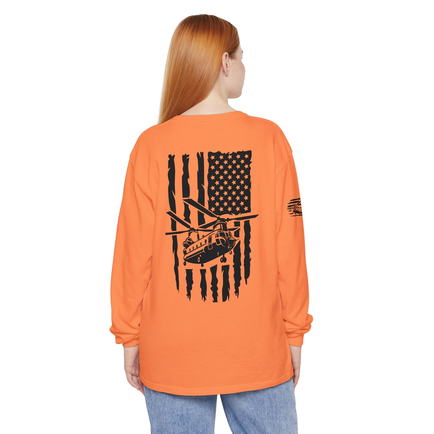 Chinook Helicopter American Flag Long Sleeve Tee