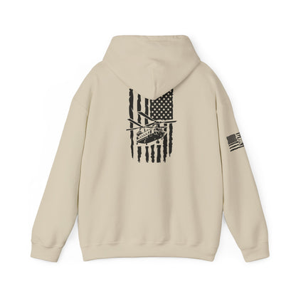 American Flag Chinook Helicopter Hoodie — Distressed USA Military Aviation Sweatshirt