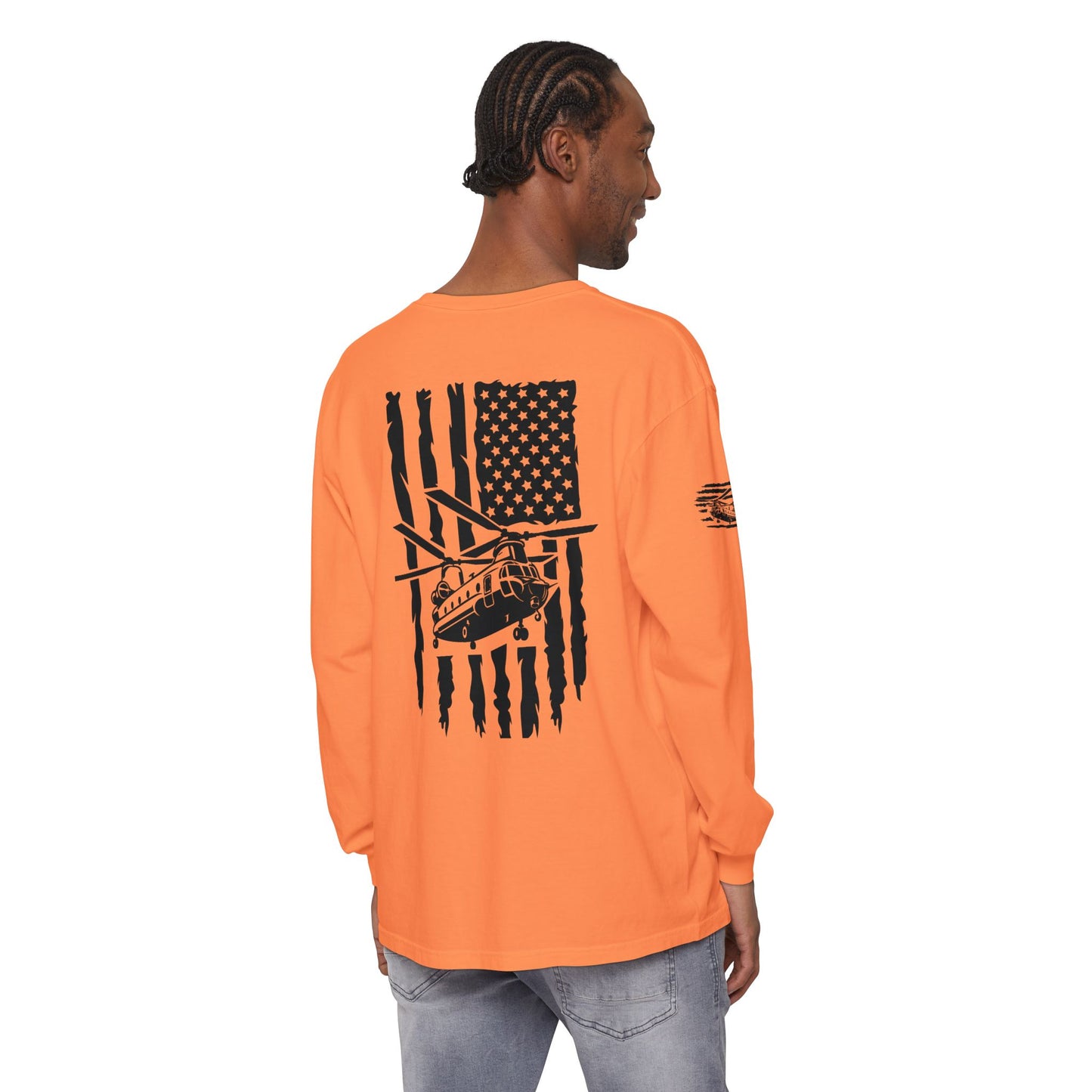 Chinook Helicopter American Flag Long Sleeve Tee