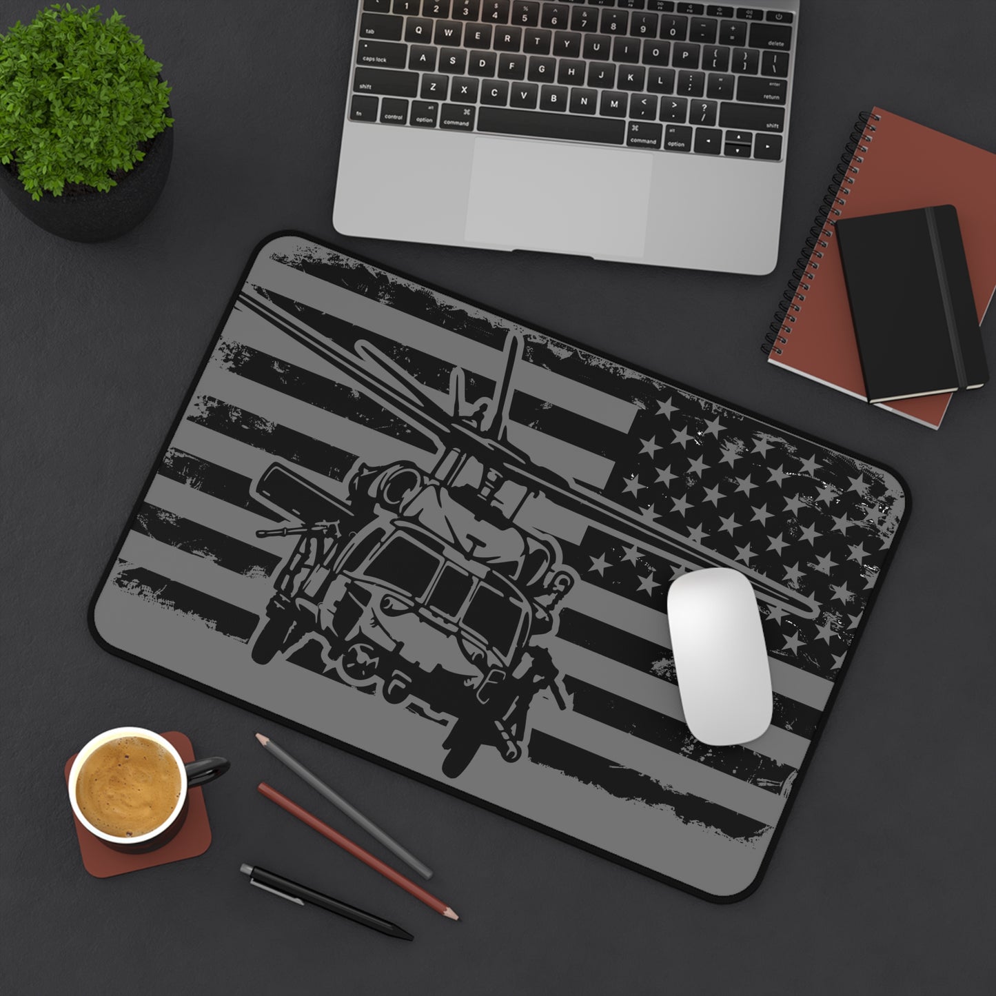 Blackhawk Helicopter American Flag Desk Mat — Military Pilot Gaming Desk Pad