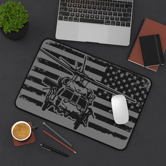 Blackhawk Helicopter American Flag Desk Mat — Military Pilot Gaming Desk Pad