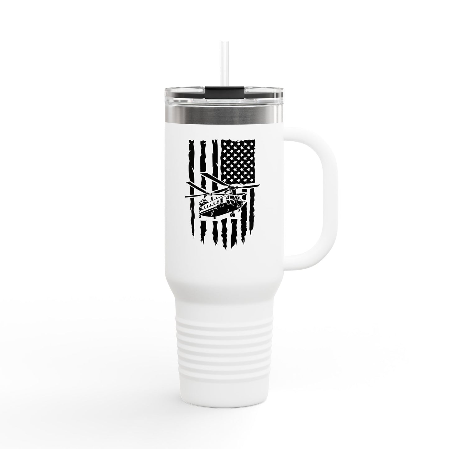 40oz Insulated Travel Mug — American Flag with Chinook Helicopter Graphic