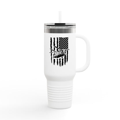 40oz Insulated Travel Mug — American Flag with Chinook Helicopter Graphic
