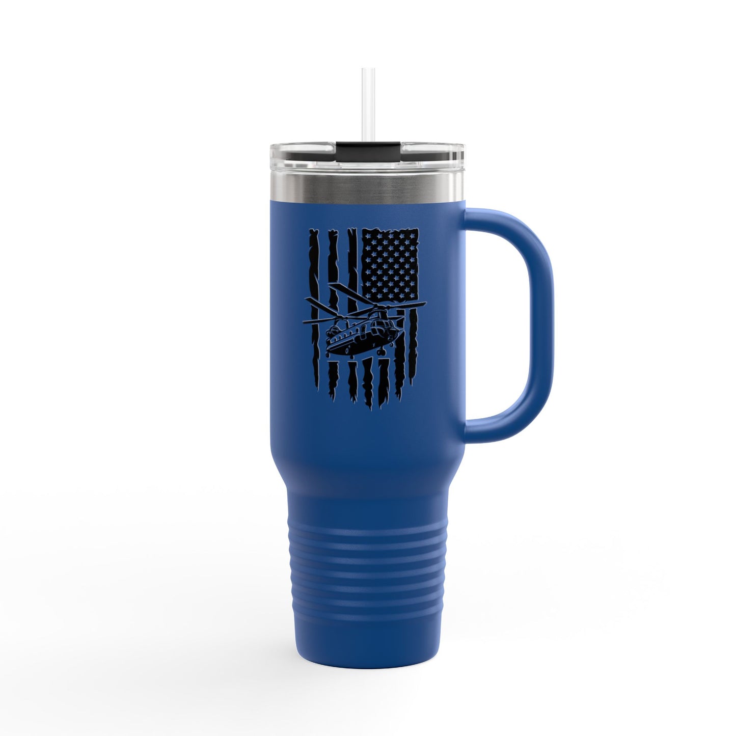 40oz Insulated Travel Mug — American Flag with Chinook Helicopter Graphic