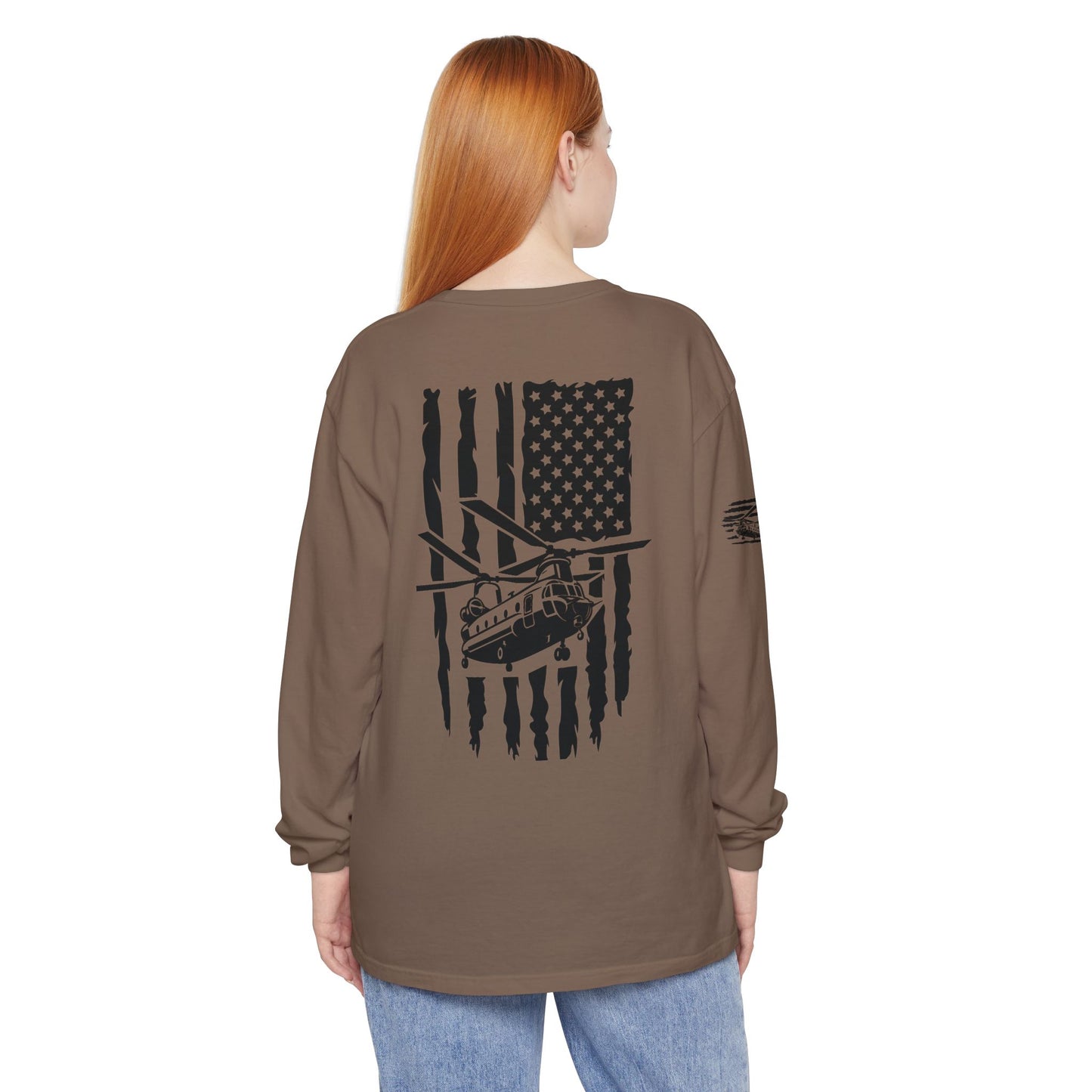 Chinook Helicopter American Flag Long Sleeve Tee