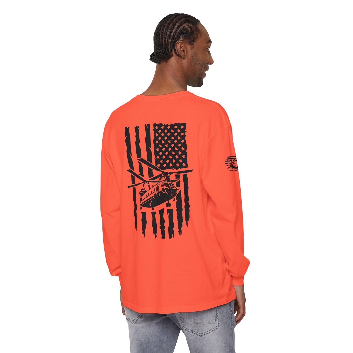 Chinook Helicopter American Flag Long Sleeve Tee