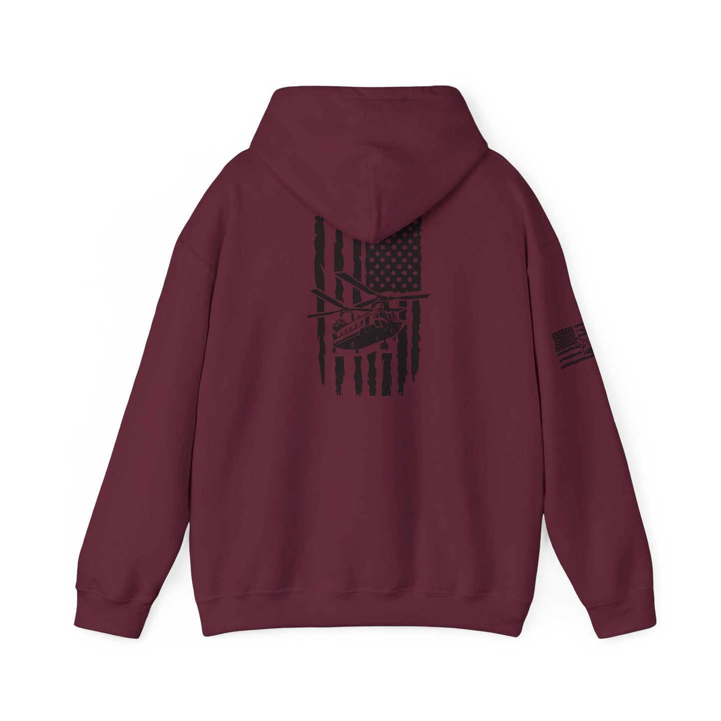 American Flag Chinook Helicopter Hoodie — Distressed USA Military Aviation Sweatshirt