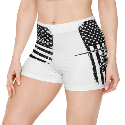 Women's Shorts — Black & White Blackhawk Helicopter with Distressed American Flag