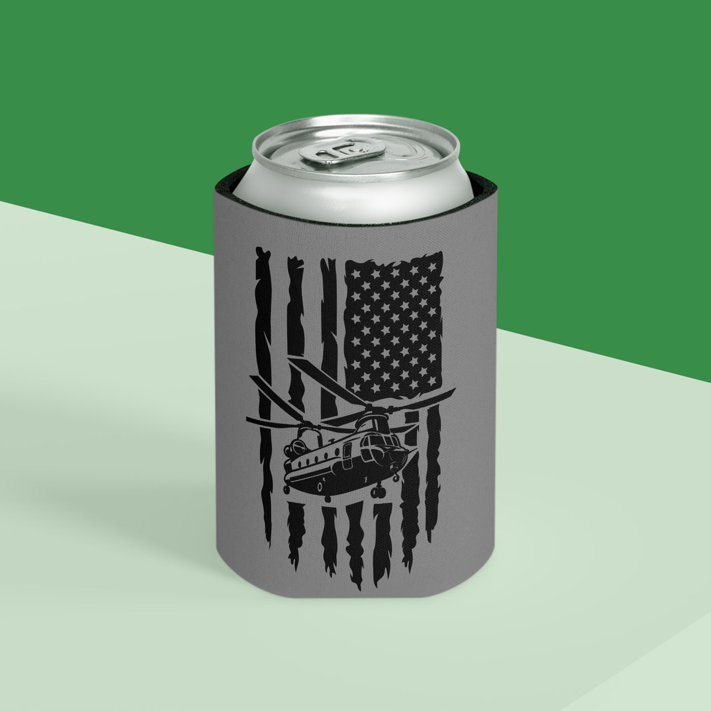 Can Cooler — Chinook Military Helicopter American Flag Design