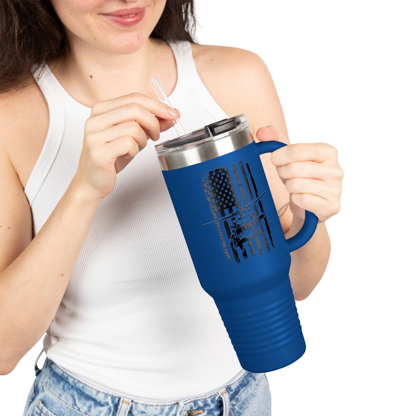 40oz Insulated Travel Mug — American Flag with Blackhawk Graphic