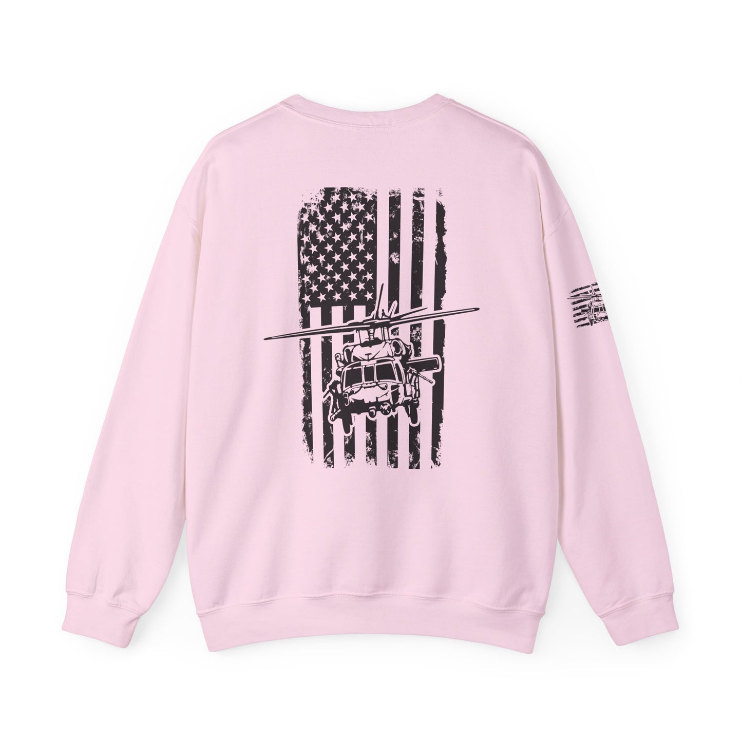 Crewneck Sweatshirt - American Flag Blackhawk Helicopter Graphic (Back Print)