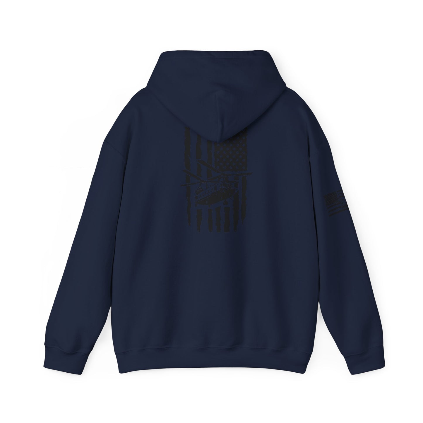 American Flag Chinook Helicopter Hoodie — Distressed USA Military Aviation Sweatshirt