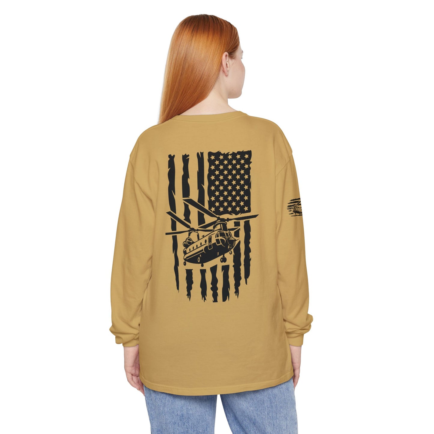 Chinook Helicopter American Flag Long Sleeve Tee