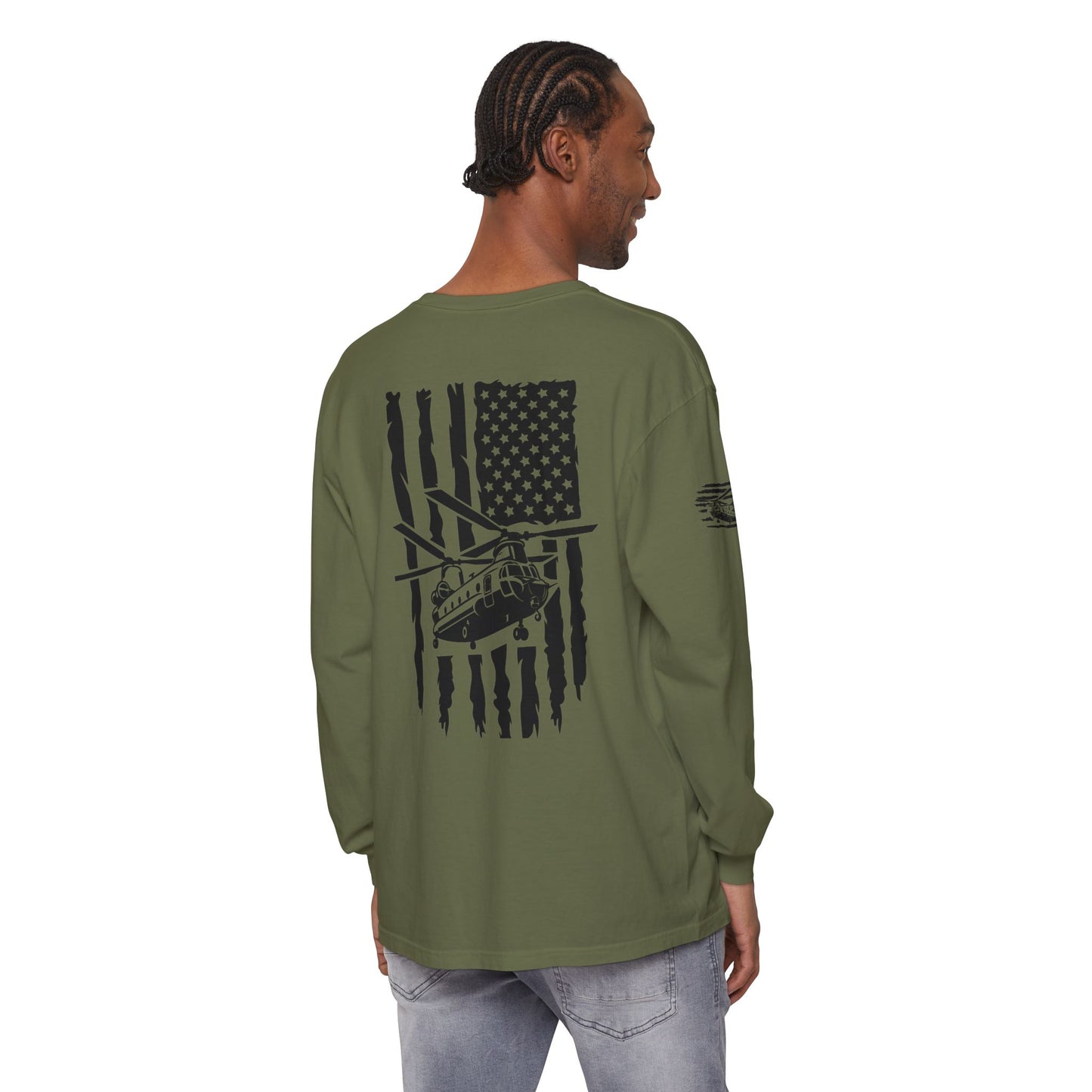Chinook Helicopter American Flag Long Sleeve Tee