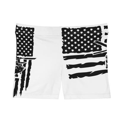 Patriotic Chinook Women's Shorts — Black American Flag Aviation Design