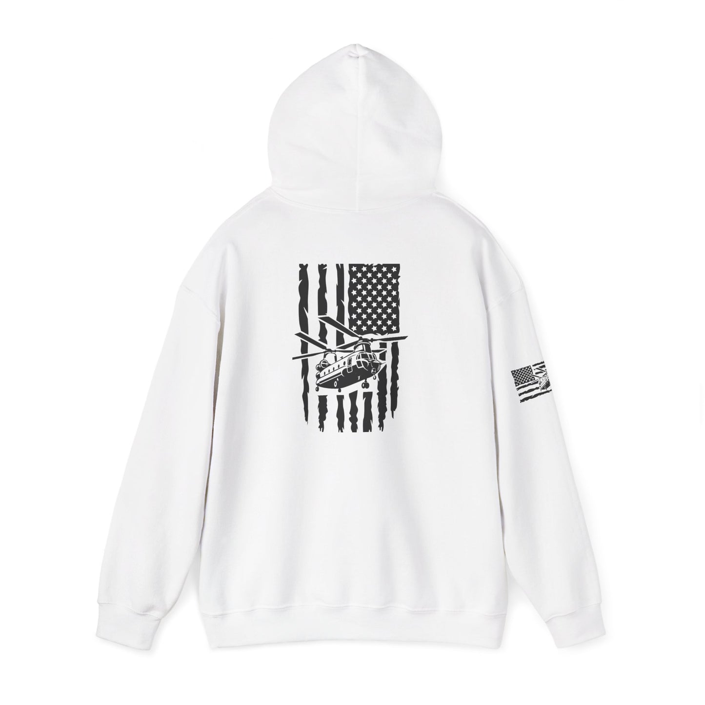 American Flag Chinook Helicopter Hoodie — Distressed USA Military Aviation Sweatshirt