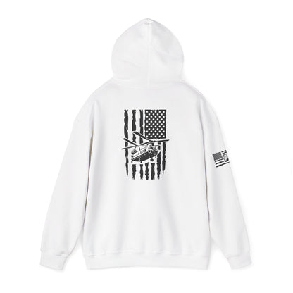 American Flag Chinook Helicopter Hoodie — Distressed USA Military Aviation Sweatshirt