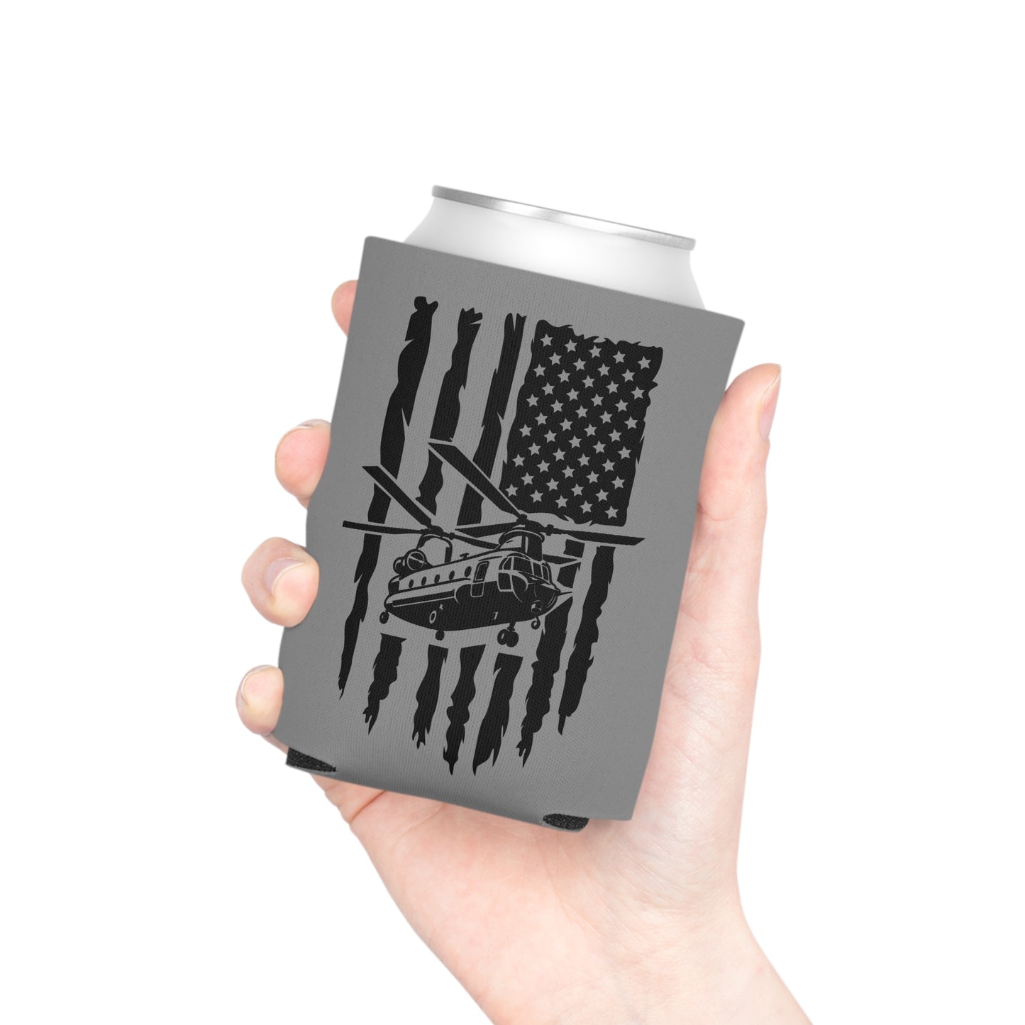 Can Cooler — Chinook Military Helicopter American Flag Design