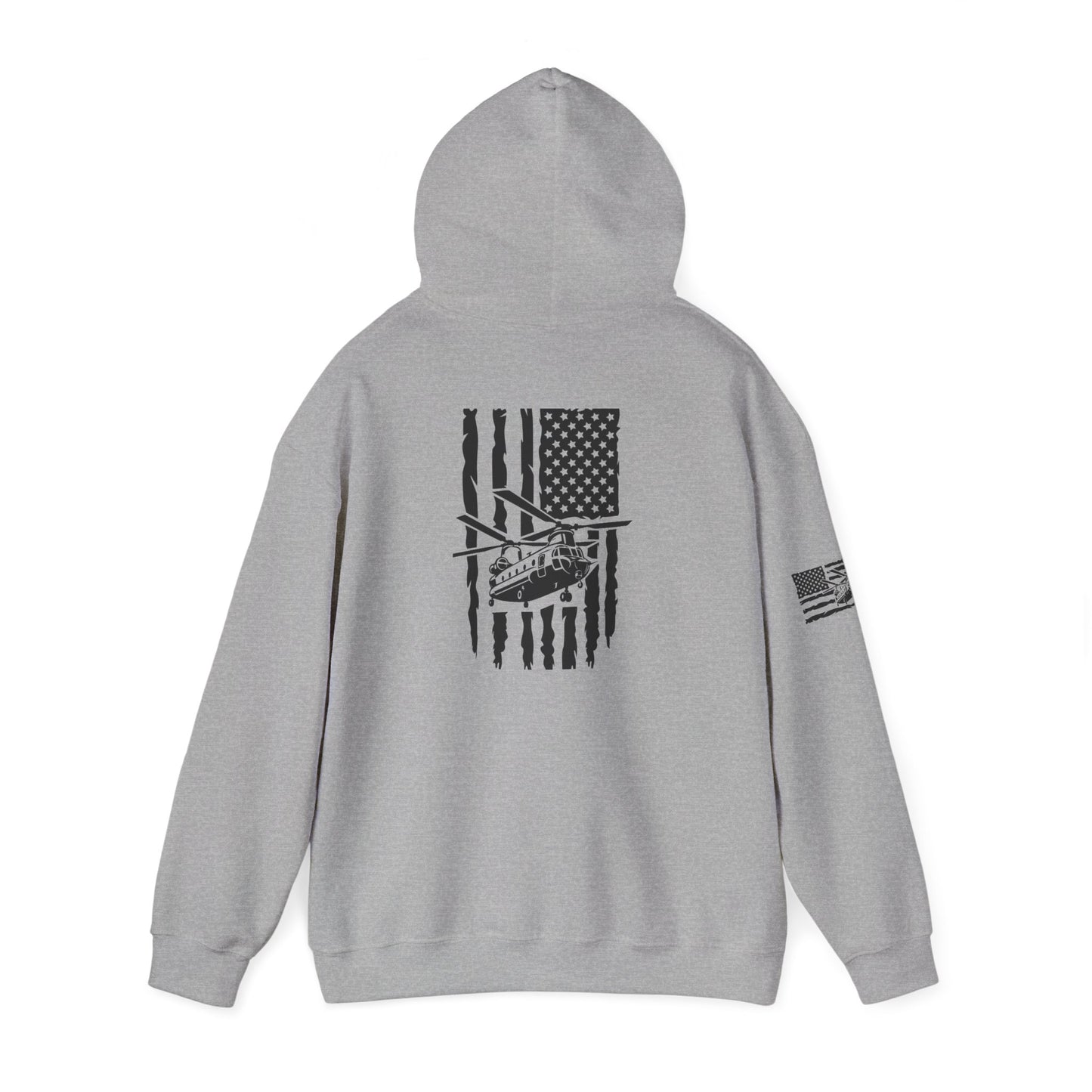 American Flag Chinook Helicopter Hoodie — Distressed USA Military Aviation Sweatshirt