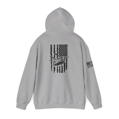 American Flag Chinook Helicopter Hoodie — Distressed USA Military Aviation Sweatshirt