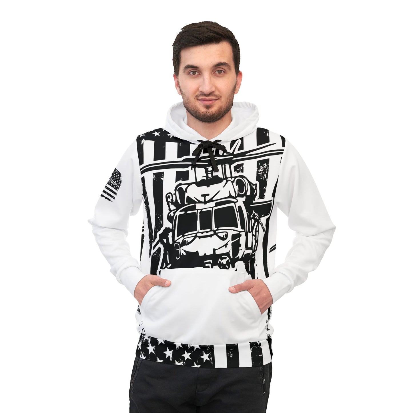 Military Helicopter Flag Hoodie – Black & White Army Aviation Graphic