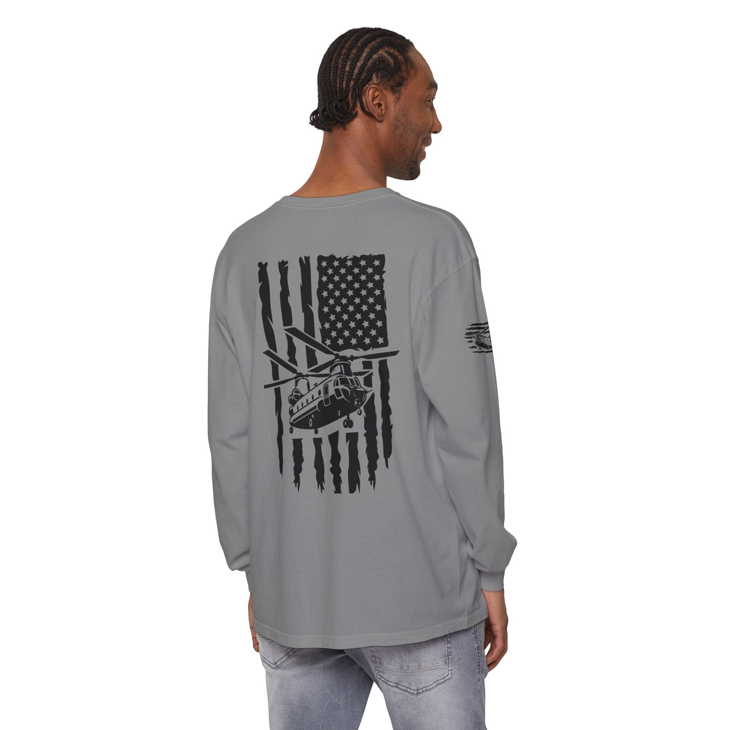 Chinook Helicopter American Flag Long Sleeve Tee