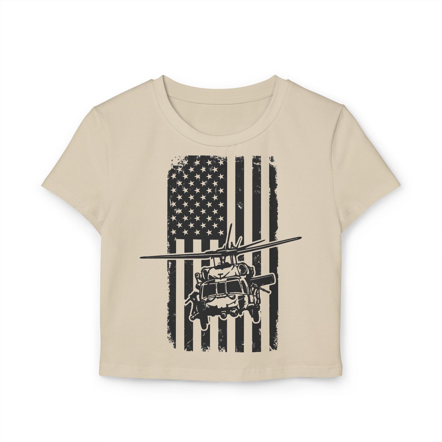 Women's Crop Tee — Distressed American Flag with Blackhawk Helicopter