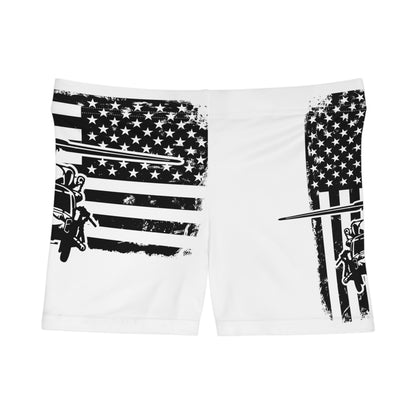 Women's Shorts — Black & White Blackhawk Helicopter with Distressed American Flag