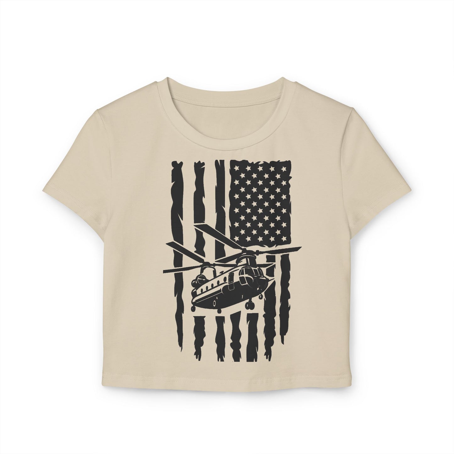 Women's Crop Tee — Distressed American Flag with Chinook Helicopter
