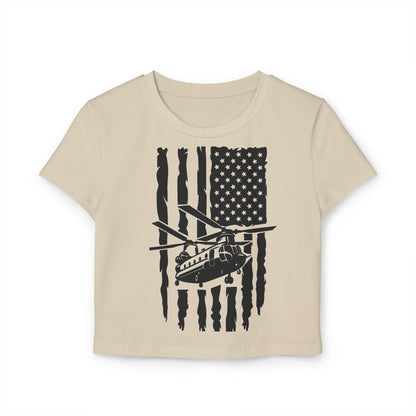 Women's Crop Tee — Distressed American Flag with Chinook Helicopter