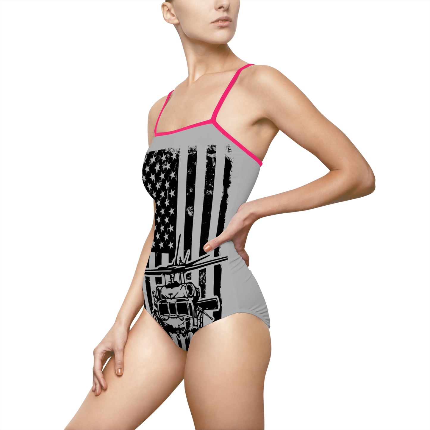 American Flag Blackhawk Helicopter One-Piece Swimsuit — Patriotic Beachwear for Women