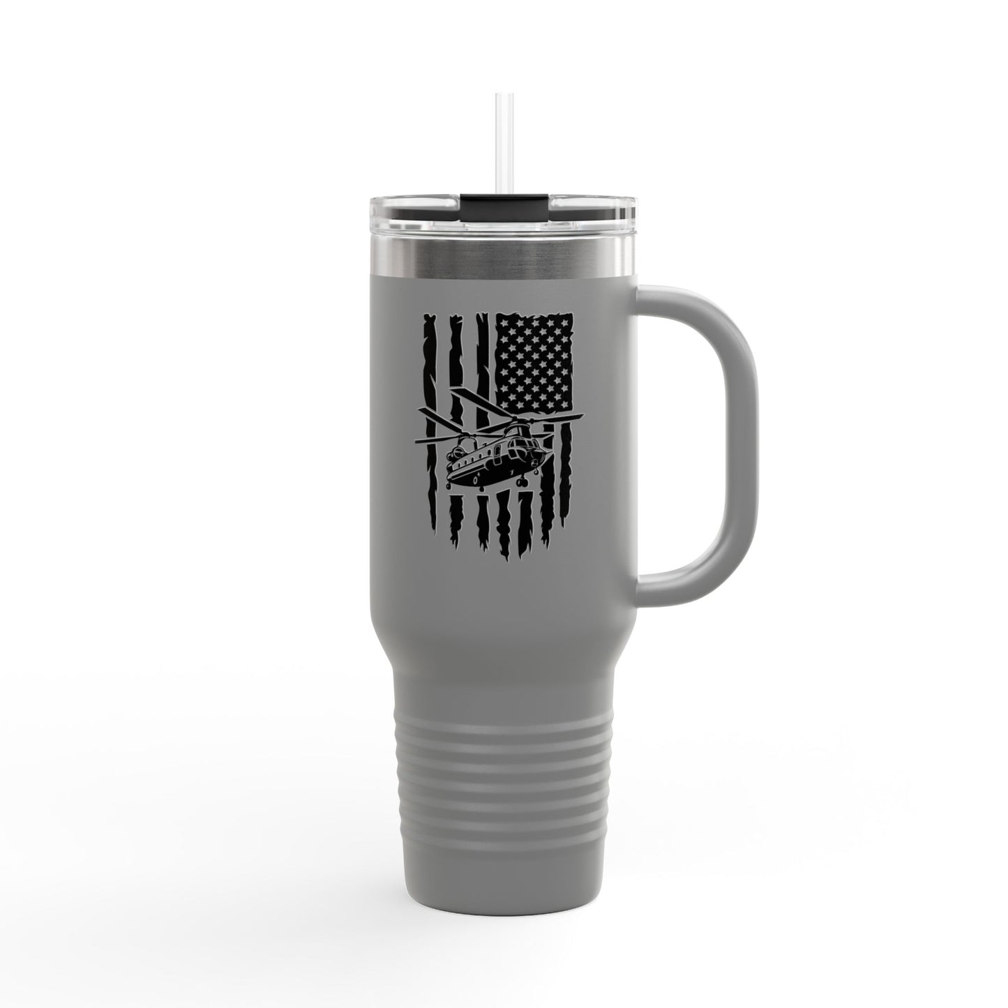 40oz Insulated Travel Mug — American Flag with Chinook Helicopter Graphic