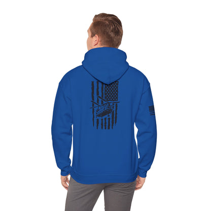 American Flag Chinook Helicopter Hoodie — Distressed USA Military Aviation Sweatshirt
