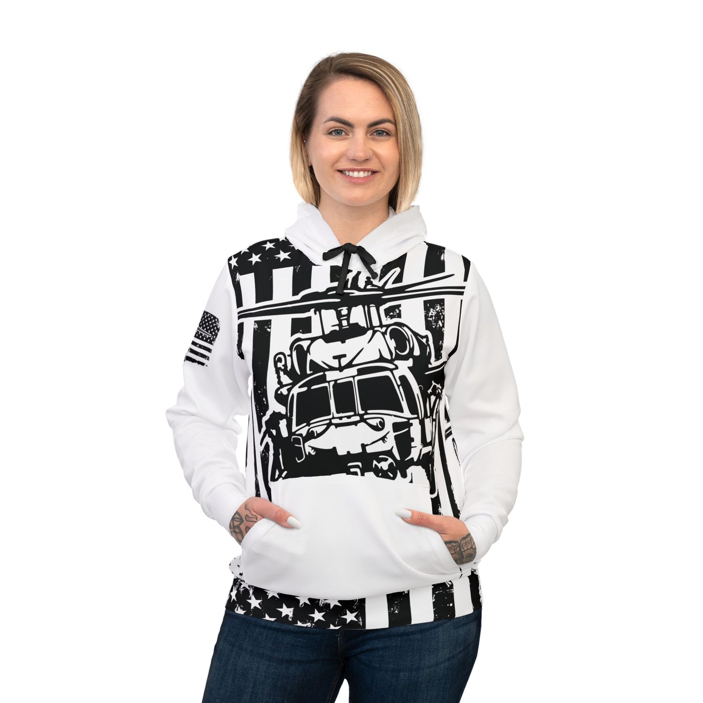 Military Helicopter Flag Hoodie – Black & White Army Aviation Graphic