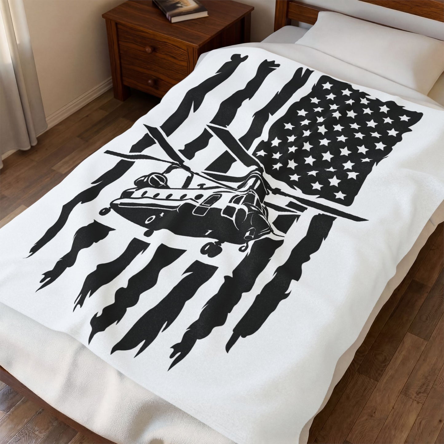 Military Chinook Helicopter American Flag Velveteen Plush Blanket