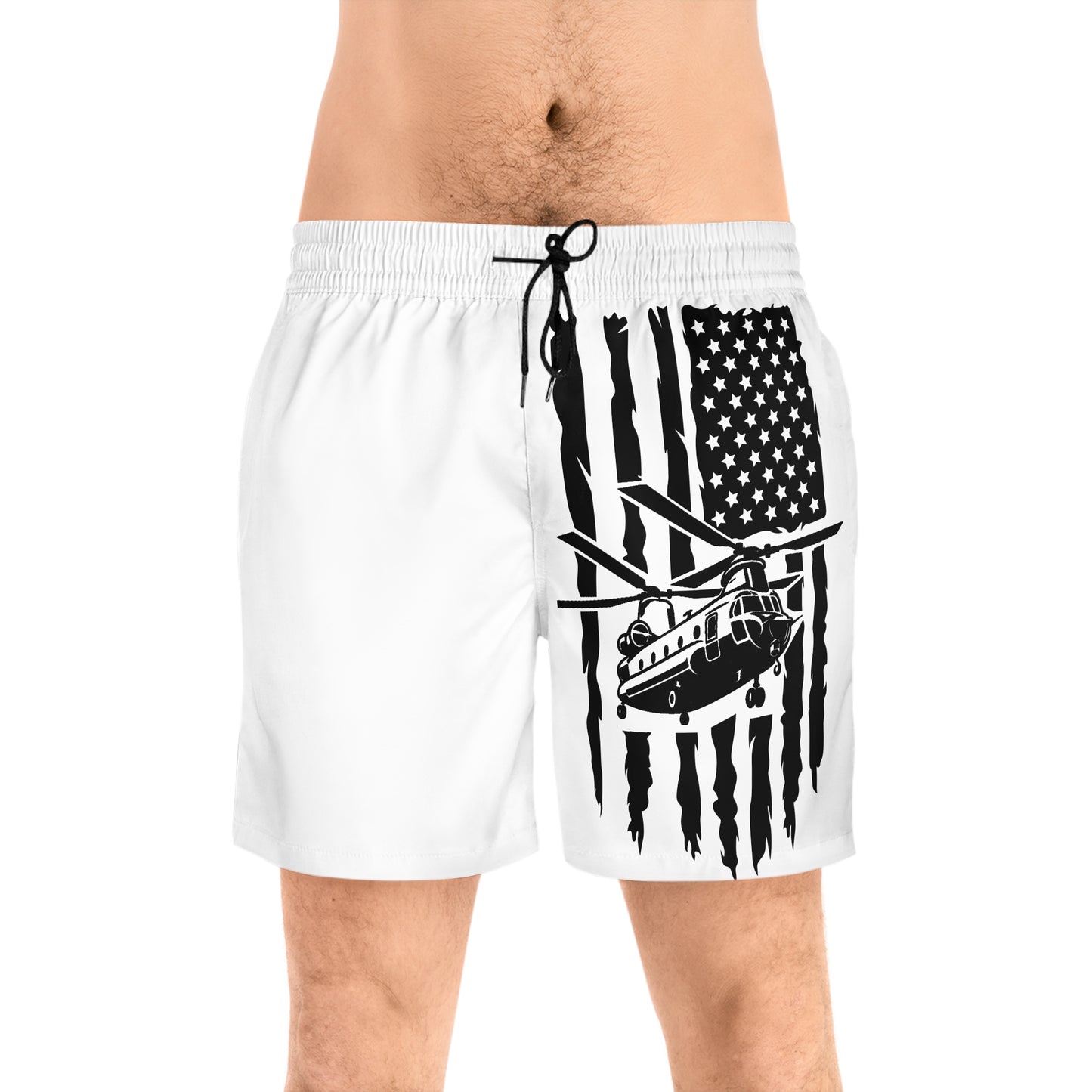 Men's Swim Shorts — Black American Flag Chinook Helicopter Graphic