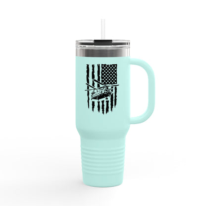 40oz Insulated Travel Mug — American Flag with Chinook Helicopter Graphic