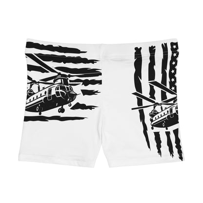 Patriotic Chinook Women's Shorts — Black American Flag Aviation Design