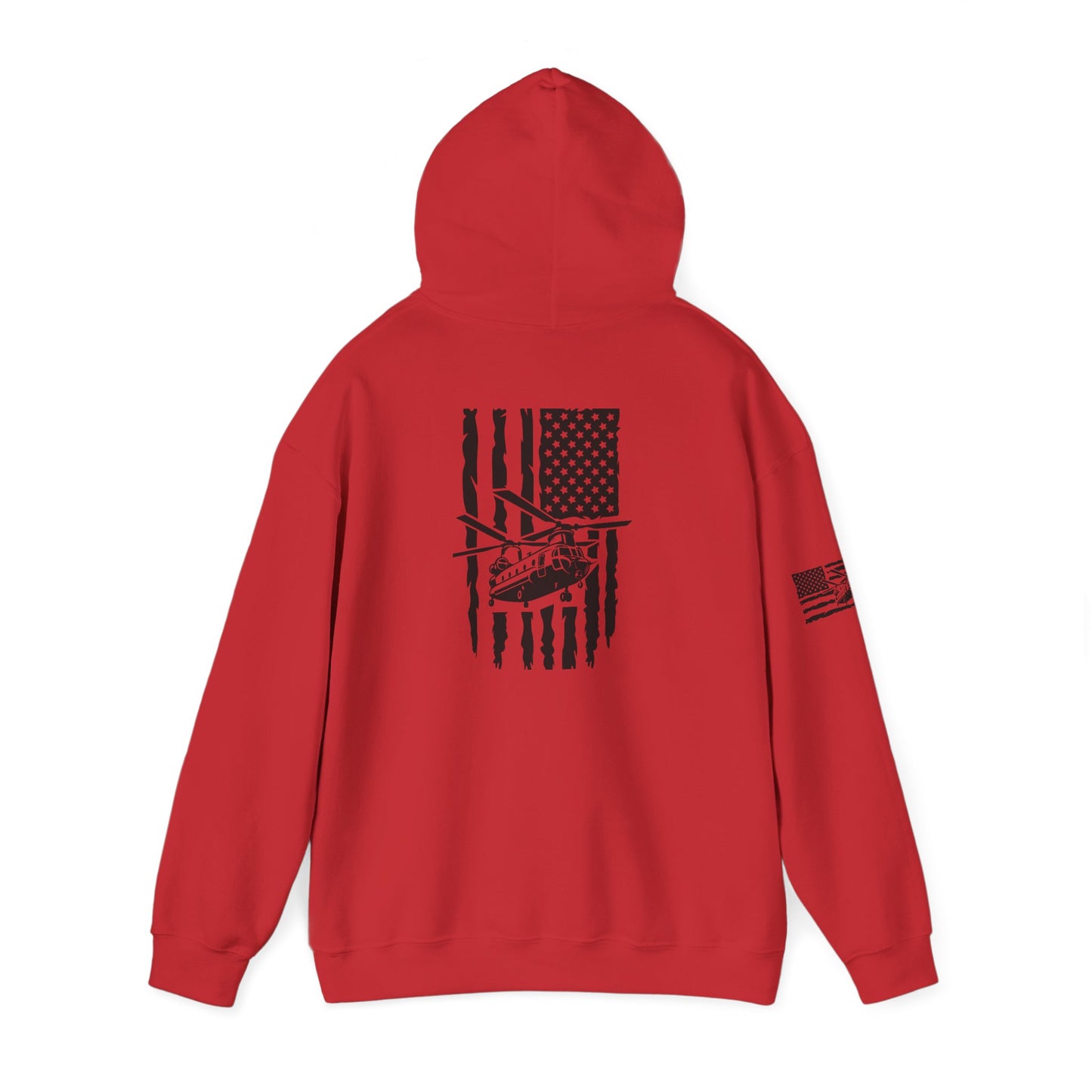 American Flag Chinook Helicopter Hoodie — Distressed USA Military Aviation Sweatshirt