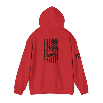 American Flag Chinook Helicopter Hoodie — Distressed USA Military Aviation Sweatshirt
