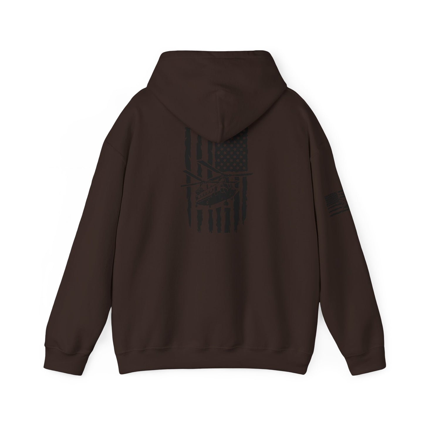 American Flag Chinook Helicopter Hoodie — Distressed USA Military Aviation Sweatshirt