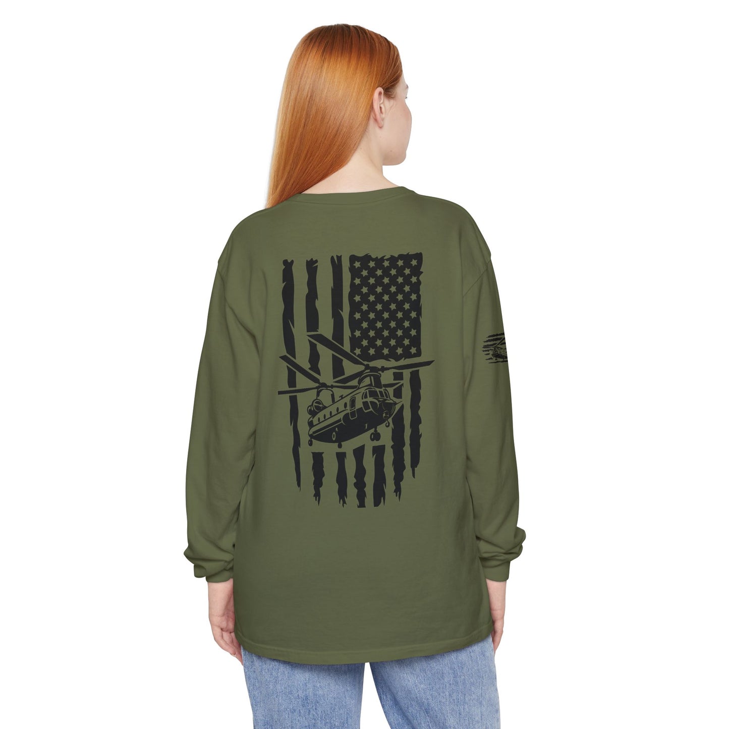 Chinook Helicopter American Flag Long Sleeve Tee