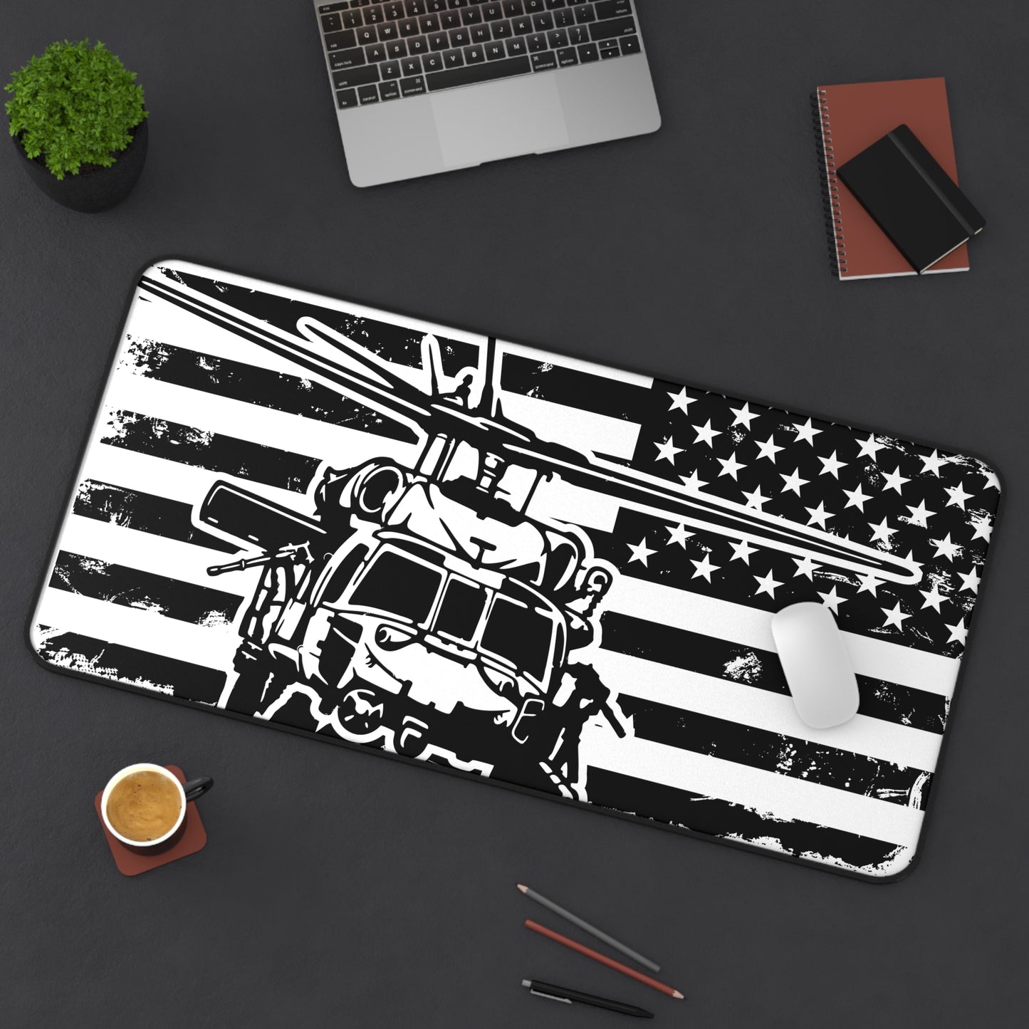 Blackhawk Helicopter American Flag Desk Mat — Military Pilot Gaming Desk Pad