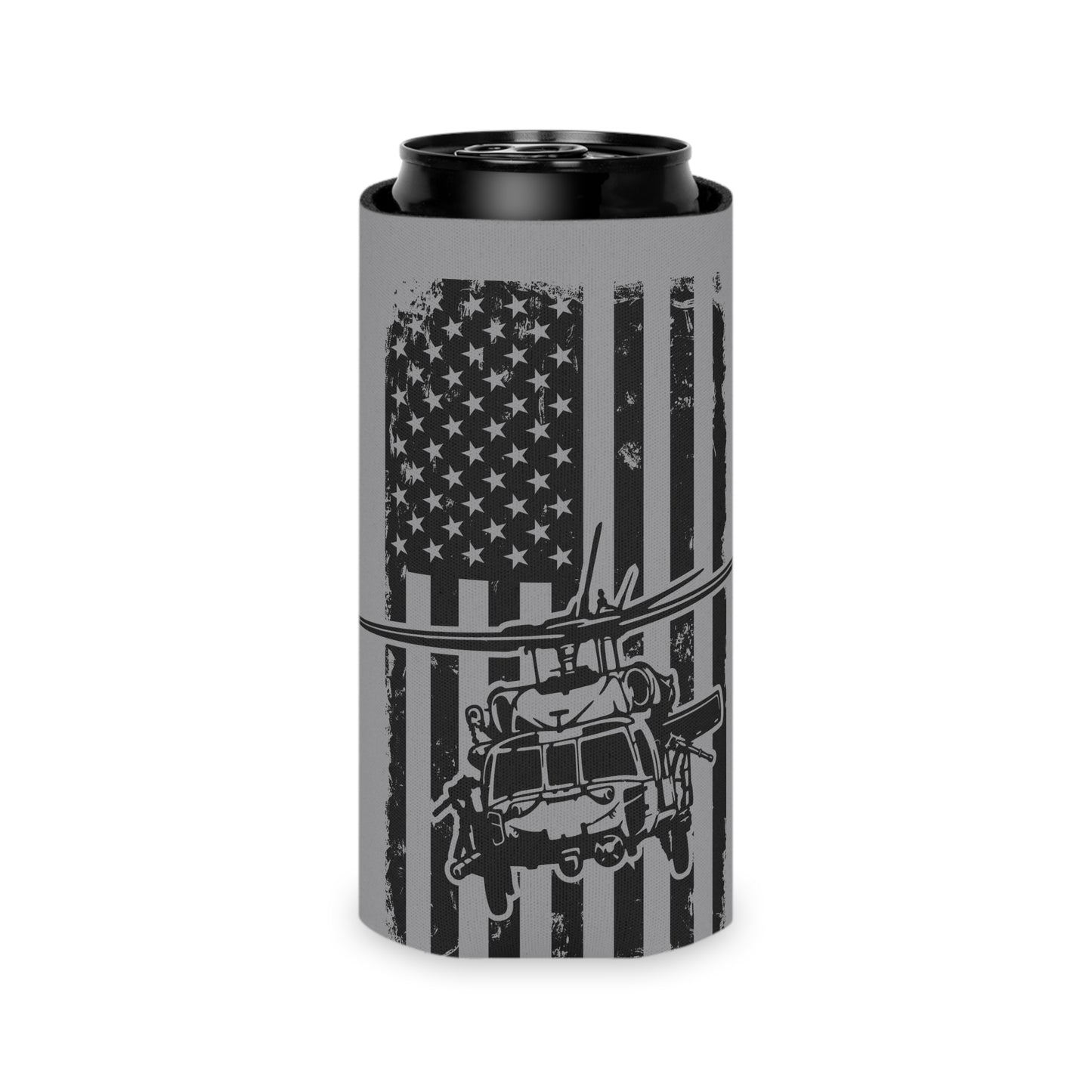 Military Helicopter Can Cooler with Distressed American Flag — Tactical Beer Koozie
