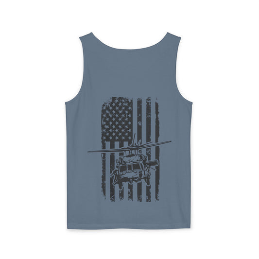 Military Blackhawk Helicopter Flag Tank Top — Vintage USA Rescue Chopper Design