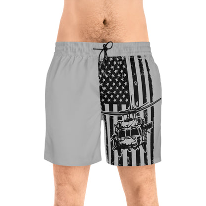American Flag Blackhawk Helicopter Swim Shorts — Patriotic Military Beach Trunks