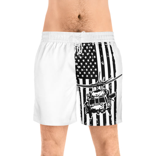 American Flag Blackhawk Helicopter Swim Shorts — Patriotic Military Beach Trunks